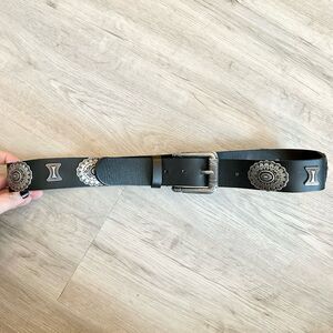 BDG UO Black Leather Belt Pewter Silver Tone Cabochons Embellishments Western Lg